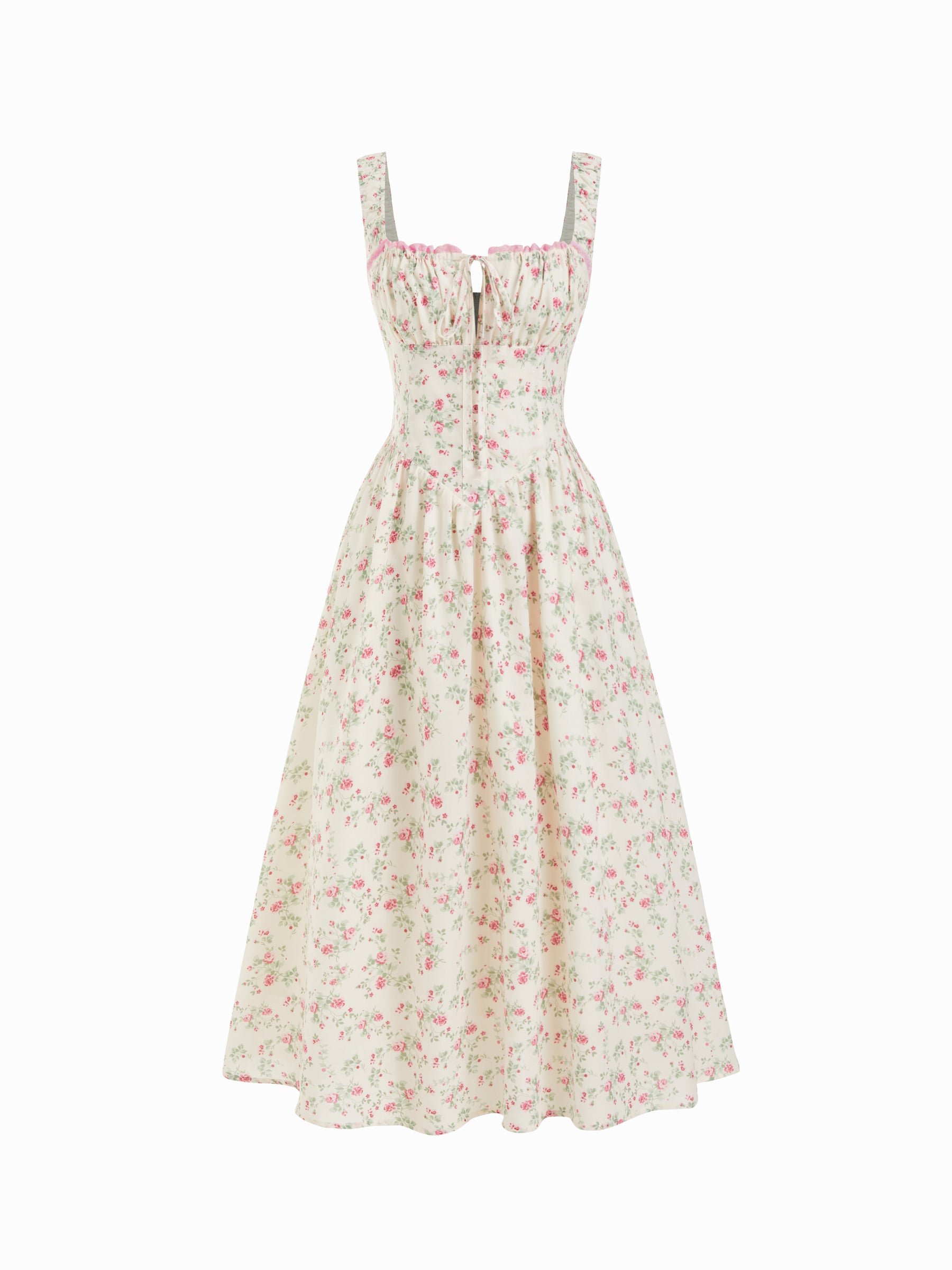 Vestido midi floral de mezcla de algodón con cuello cuadrado, lazada y fruncido - Rosa