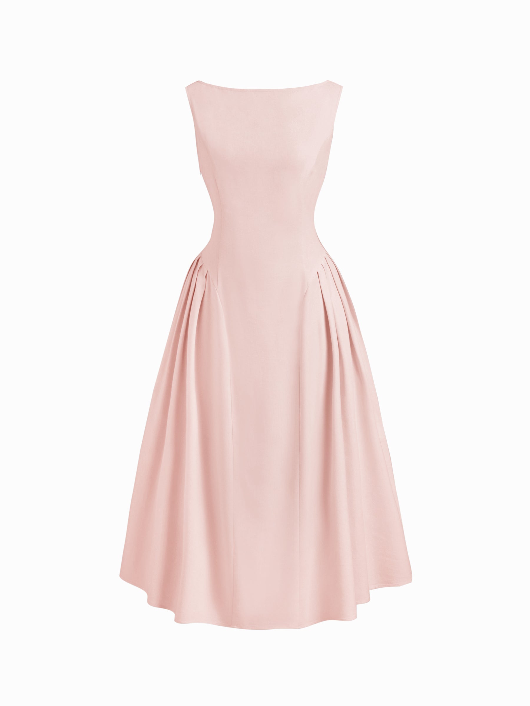 Vestido midi de mezcla de lino con cuello barco, volantes y espalda descubierta - Rosa
