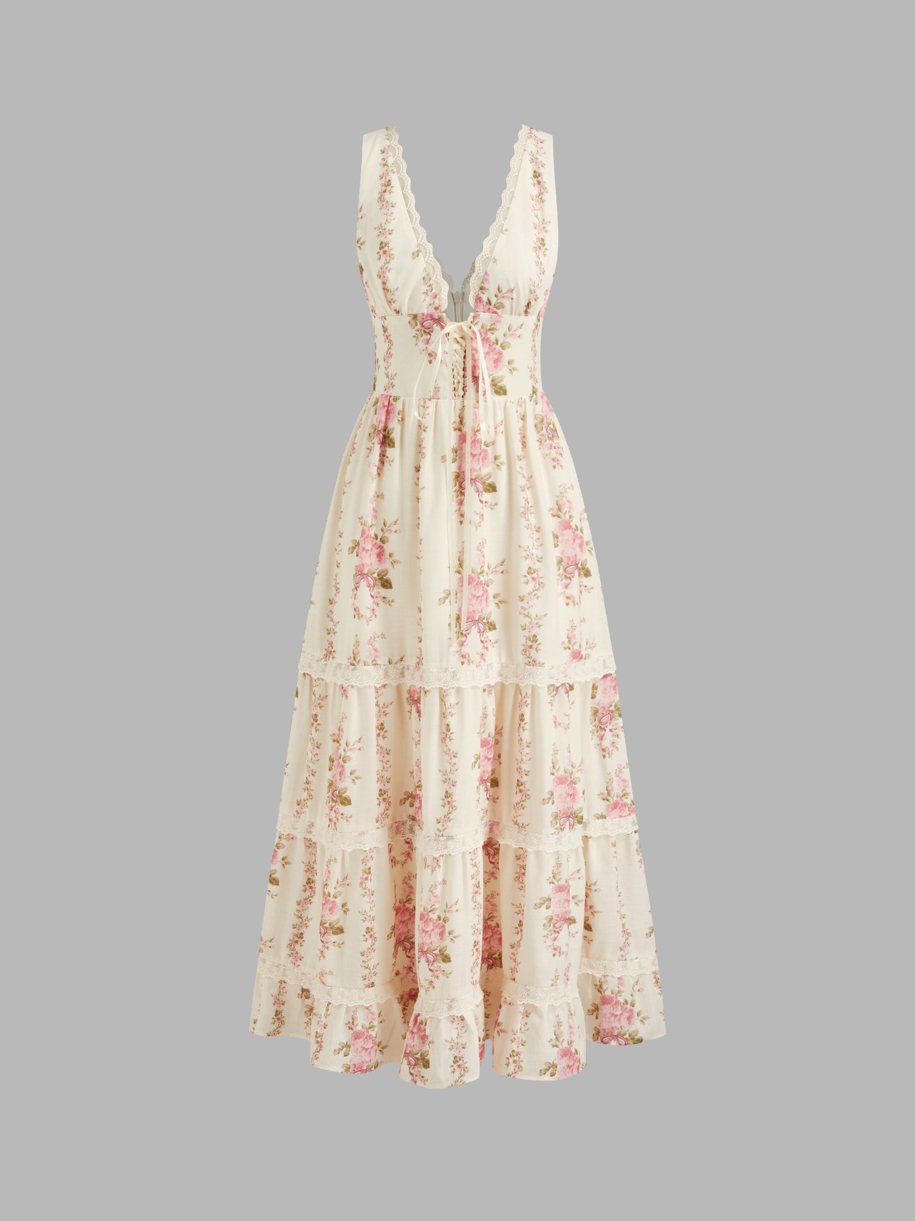 Vestido largo floral con cuello en V, encaje, lazada y capas - Rosa