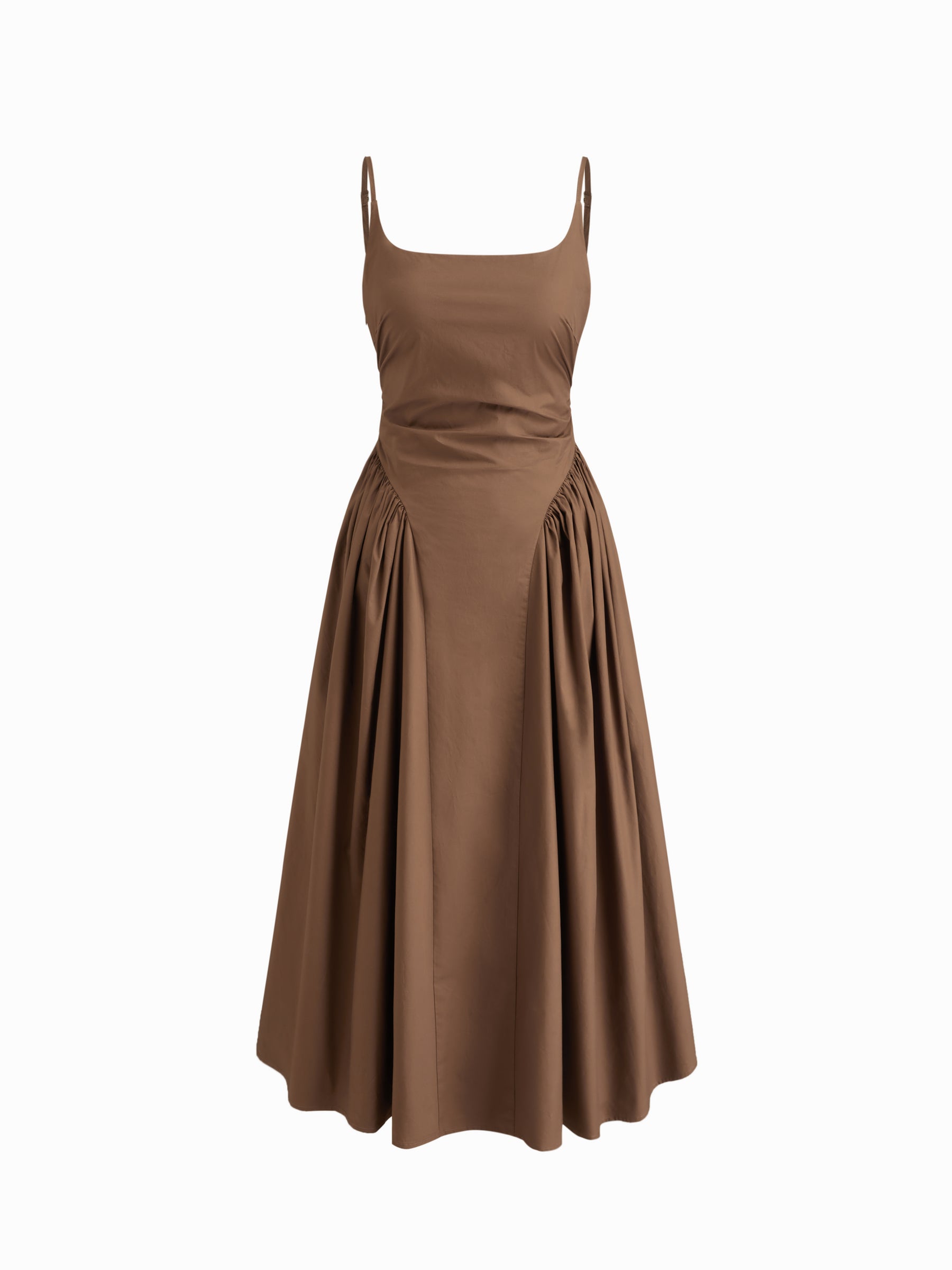 Vestido largo de tirantes 100% algodón con cuello en U, fruncido y bajo con volante - Marrón