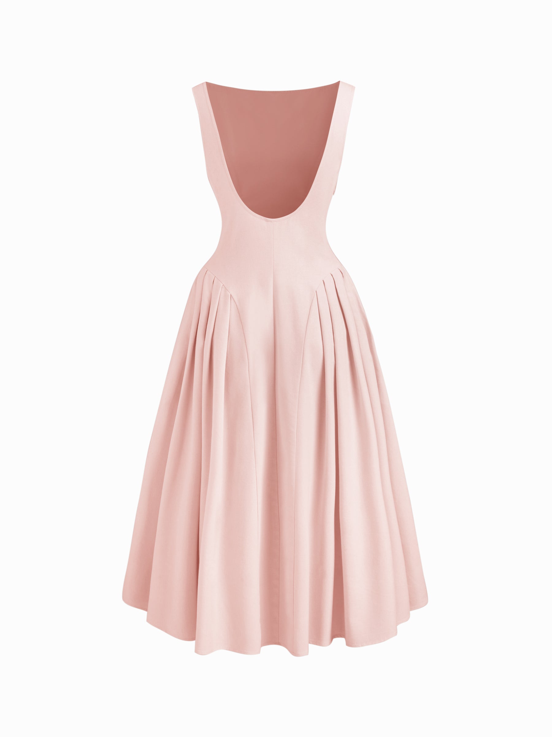 Vestido midi de mezcla de lino con cuello barco, volantes y espalda descubierta - Rosa
