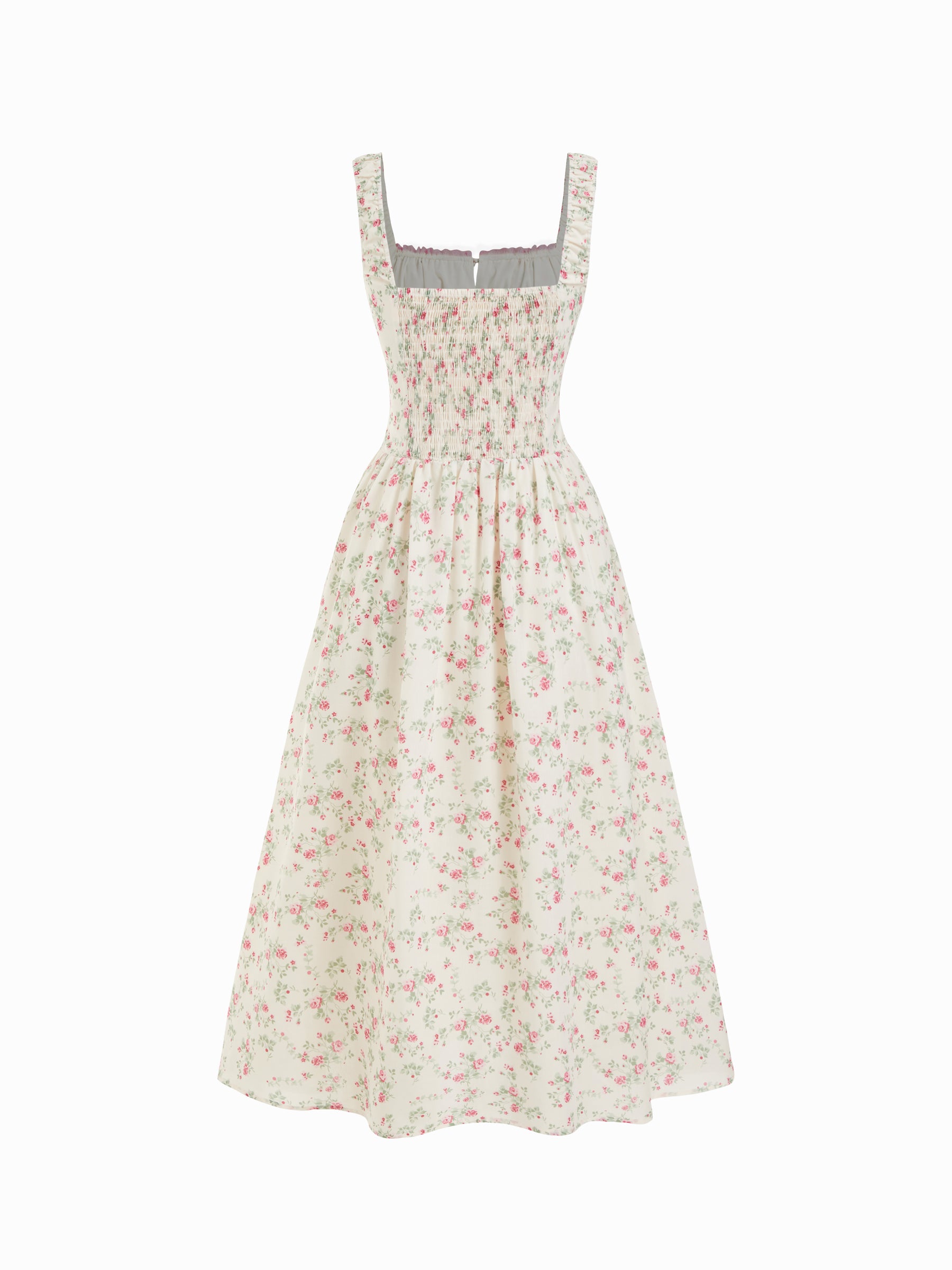 Vestido midi floral de mezcla de algodón con cuello cuadrado, lazada y fruncido - Rosa