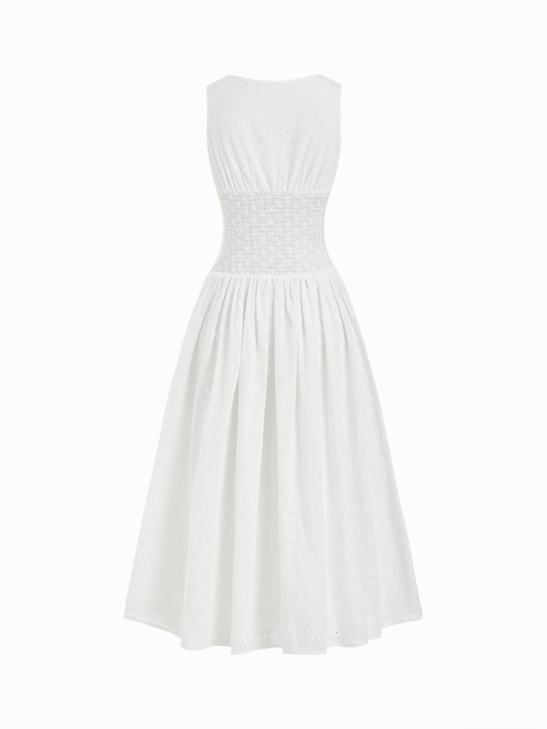 Vestido midi de algodón con cuello en V, bordado inglés, detalle floral, encaje y botones - Blanco