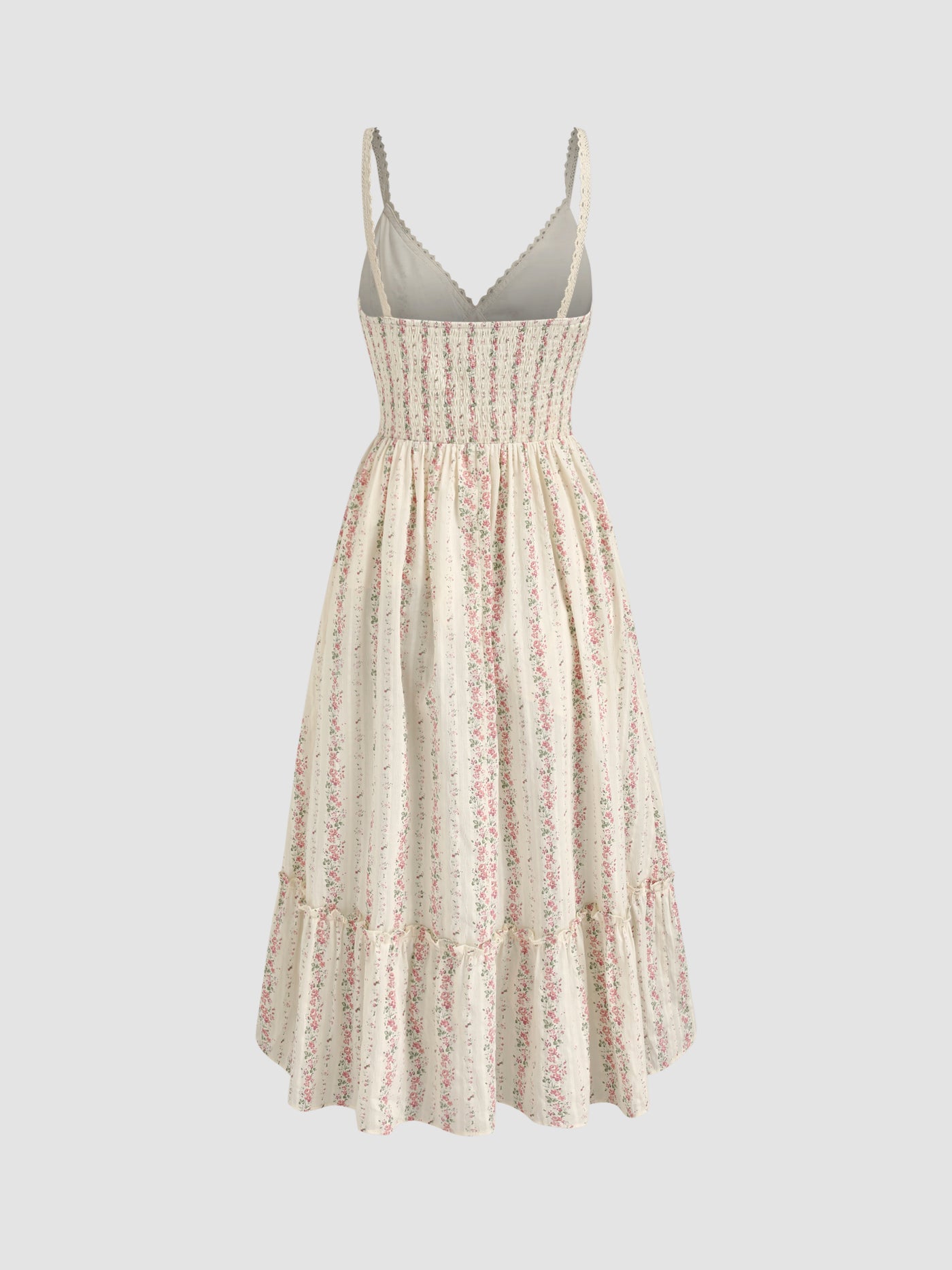 Vestido largo floral de algodón con cuello en V y fruncido