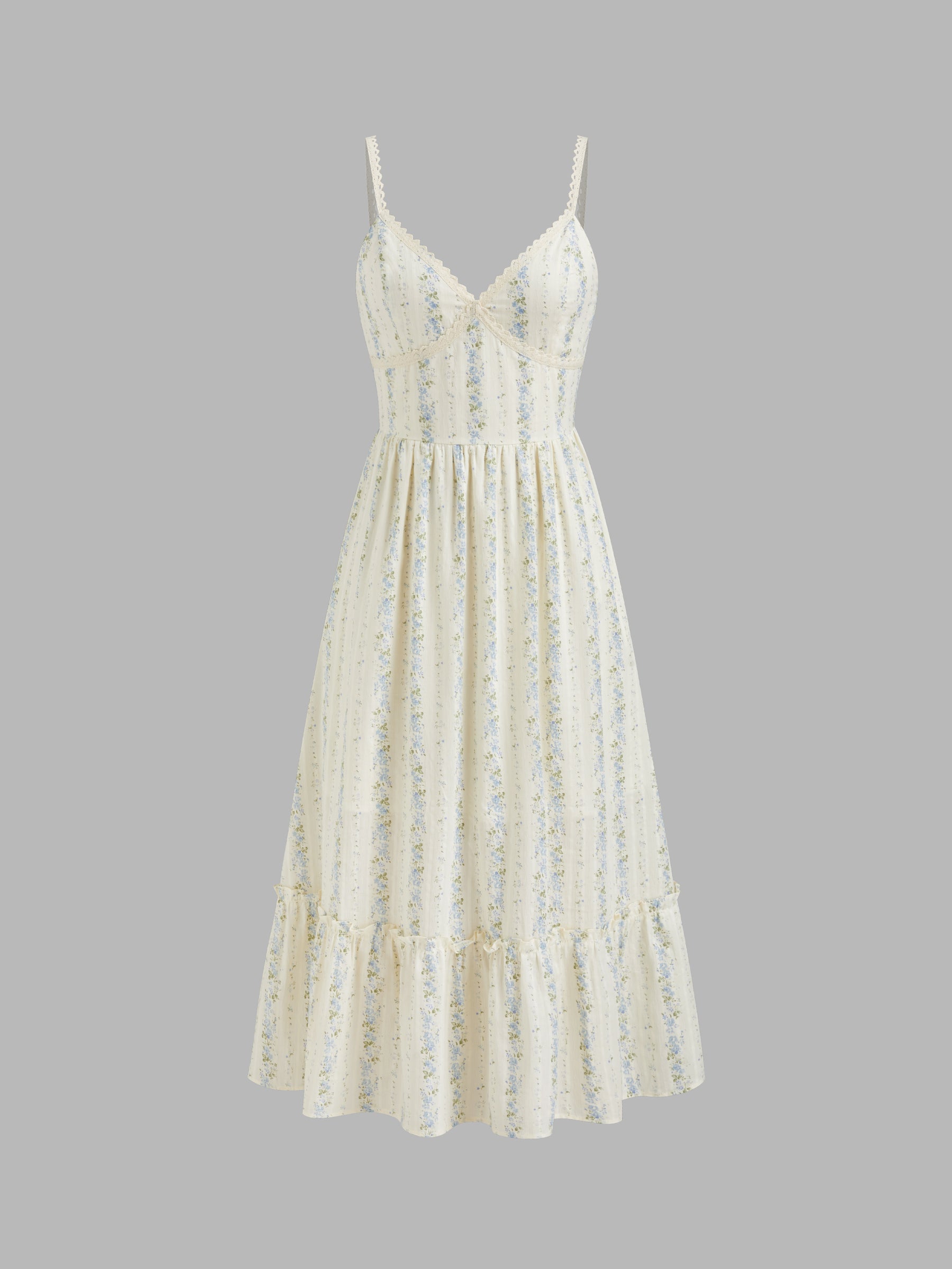 Vestido largo floral de algodón con cuello en V y fruncido