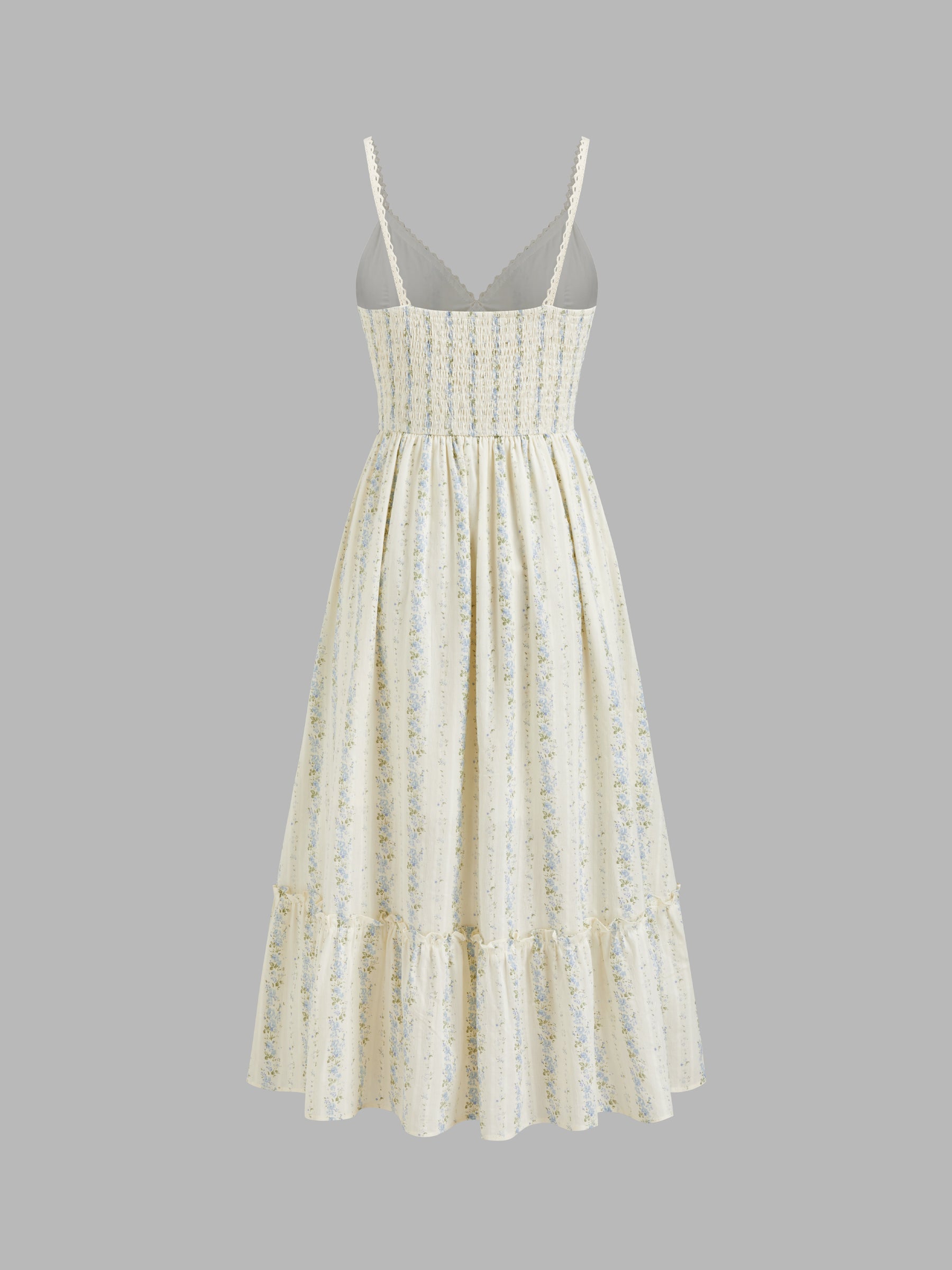 Vestido largo floral de algodón con cuello en V y fruncido