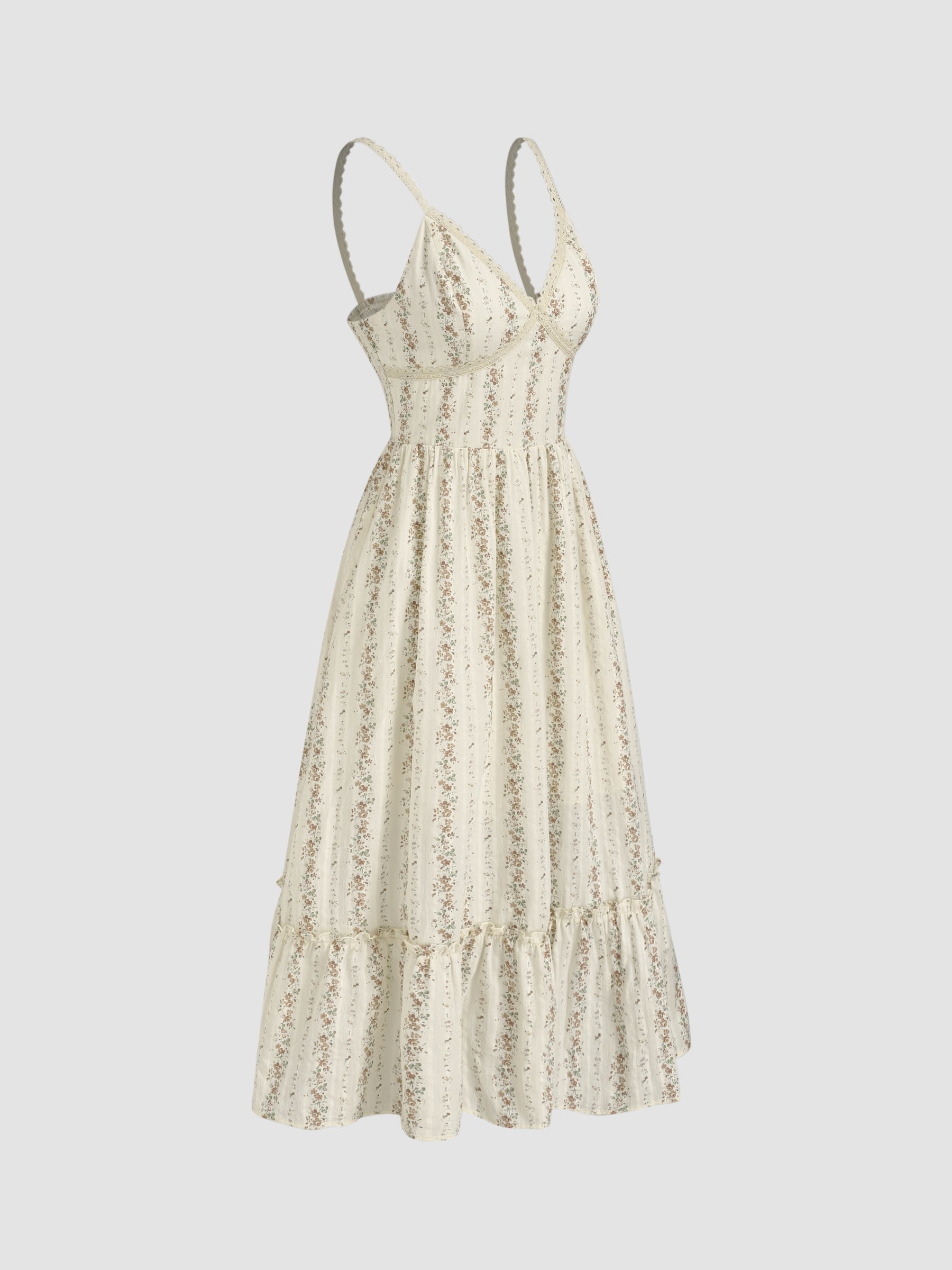 Vestido largo floral de algodón con cuello en V y fruncido