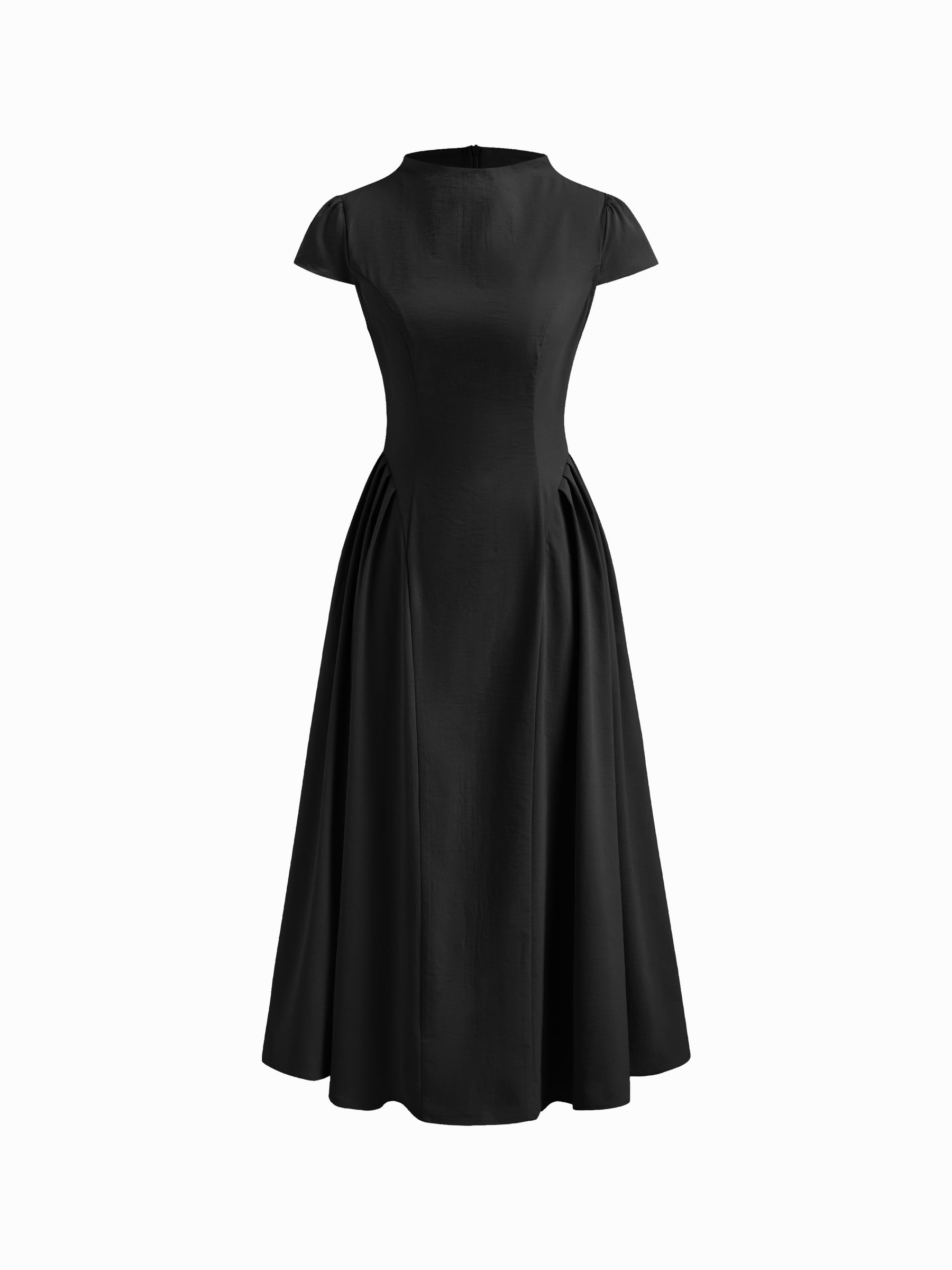 Vestido midi de cuello alto con volante y cremallera