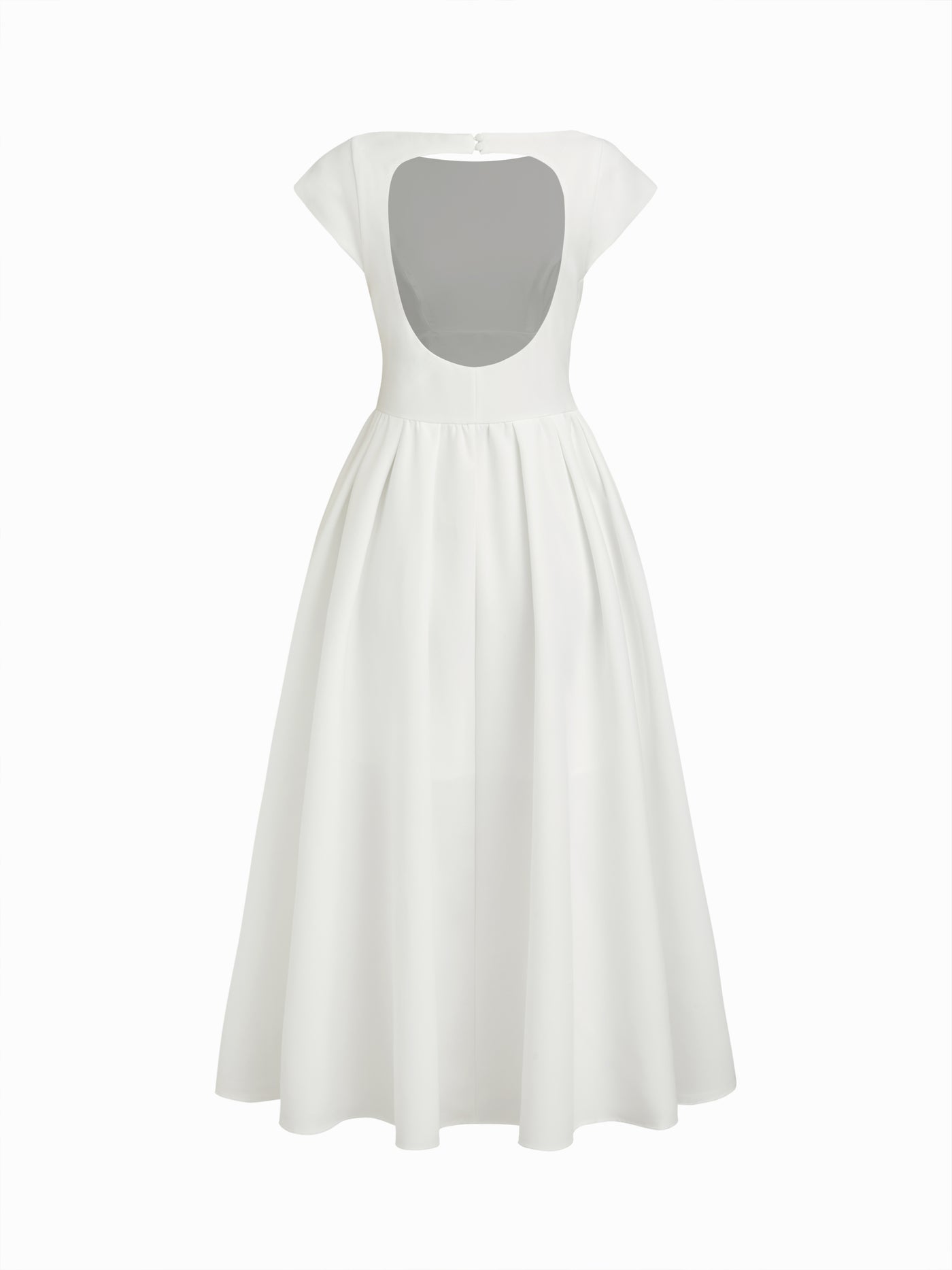 Vestido largo con cuello barco, espalda descubierta, aberturas y volante