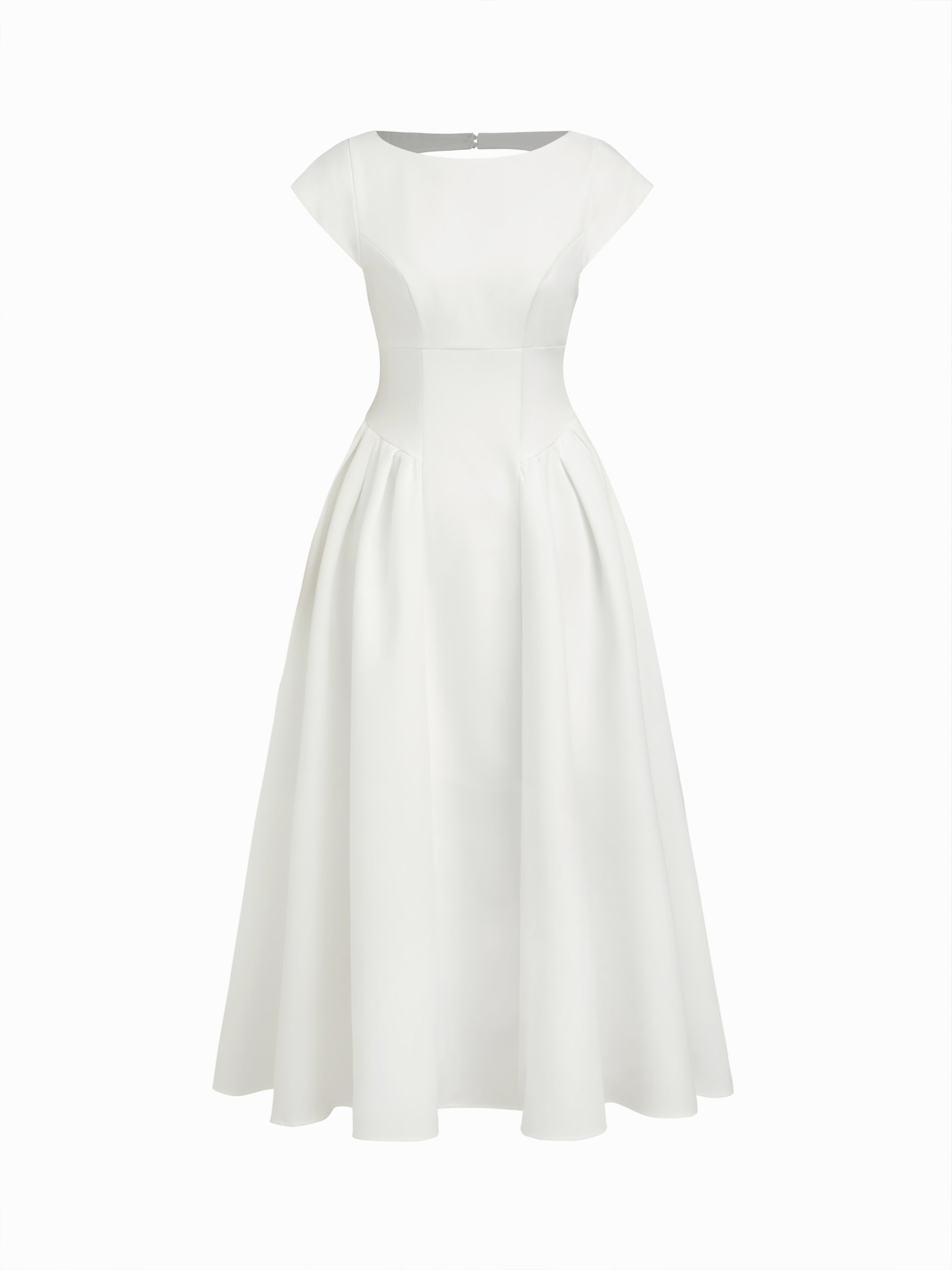 Vestido largo con cuello barco, espalda descubierta, aberturas y volante