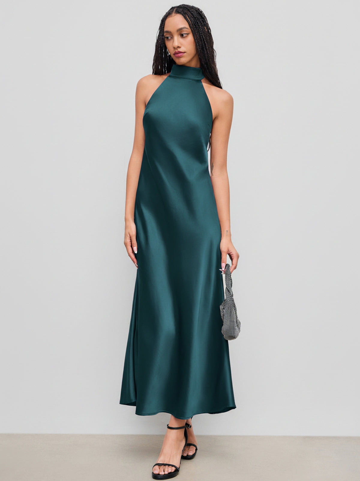 Vestido maxi satinado halter con espalda descubierta - Verde oscuro
