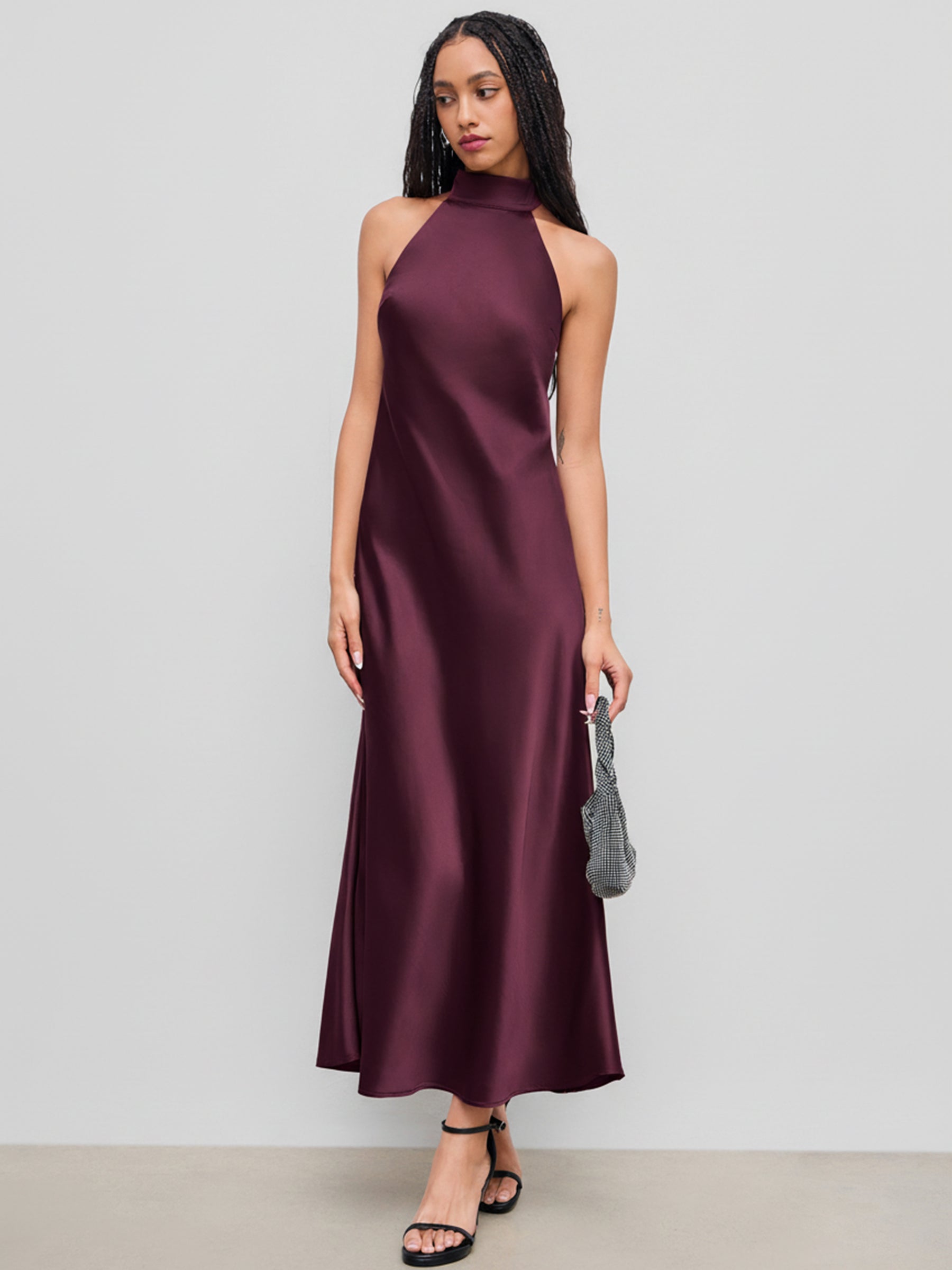 Vestido maxi satinado halter con espalda descubierta - Burdeos - imagen 2