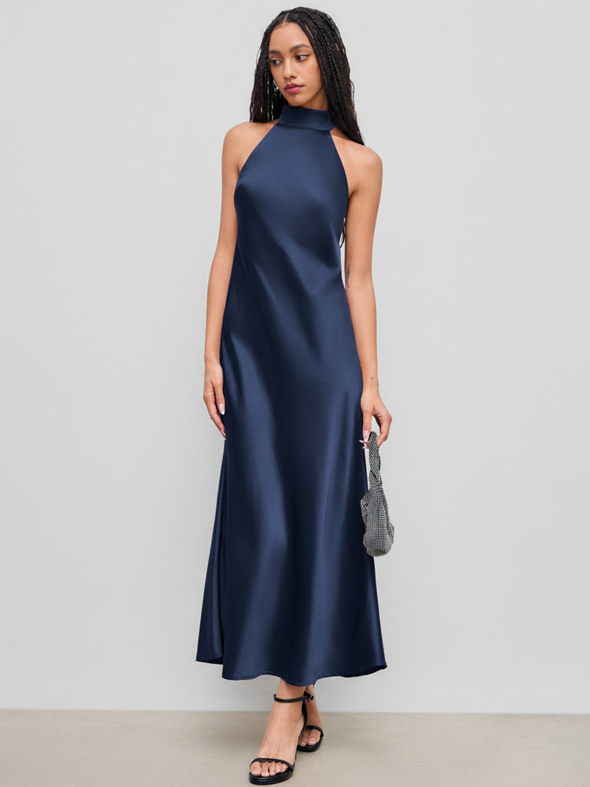 Vestido maxi satinado halter con espalda descubierta - Azul marino oscuro