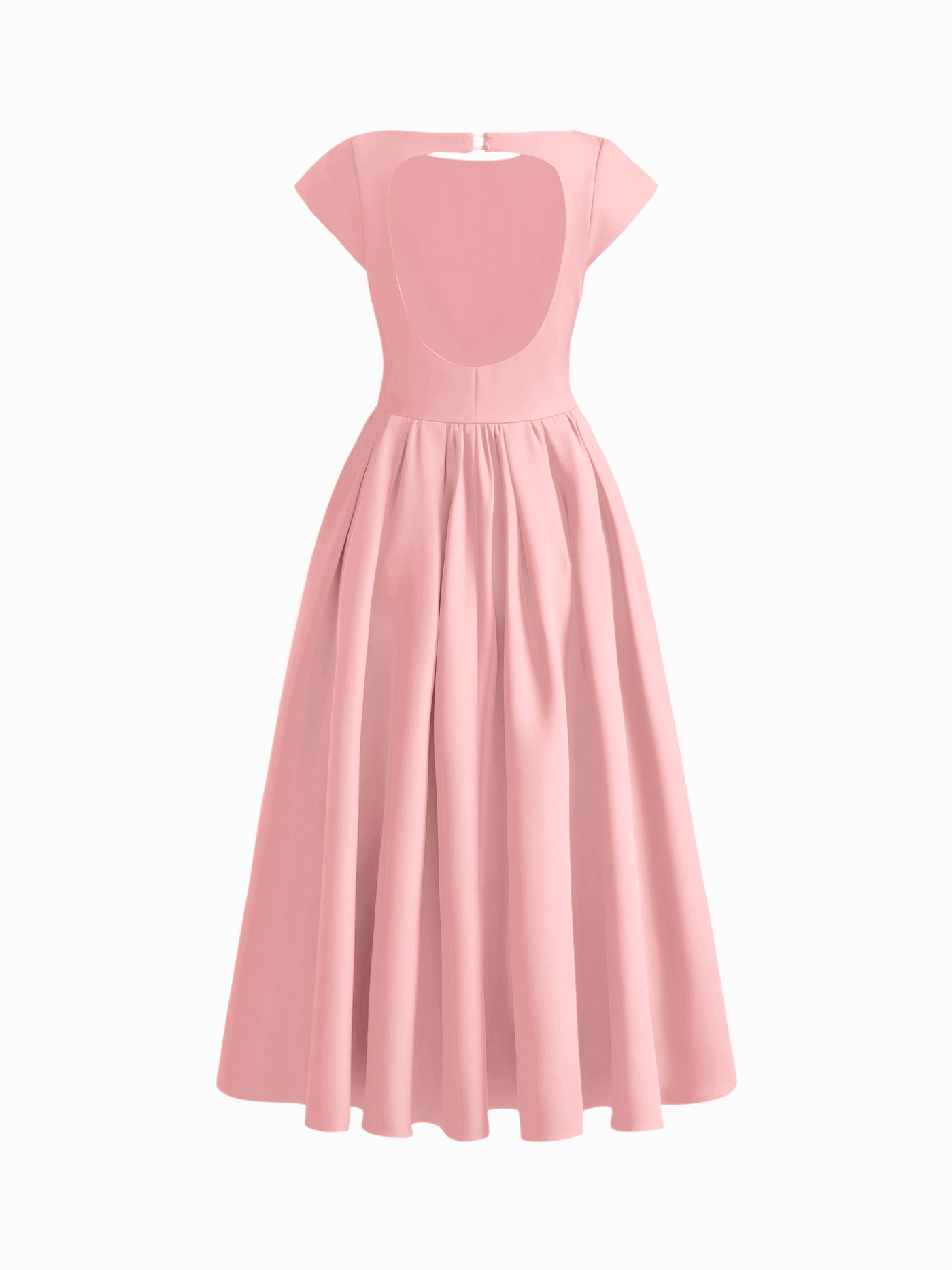 Vestido largo con cuello barco, espalda descubierta, aberturas y volante