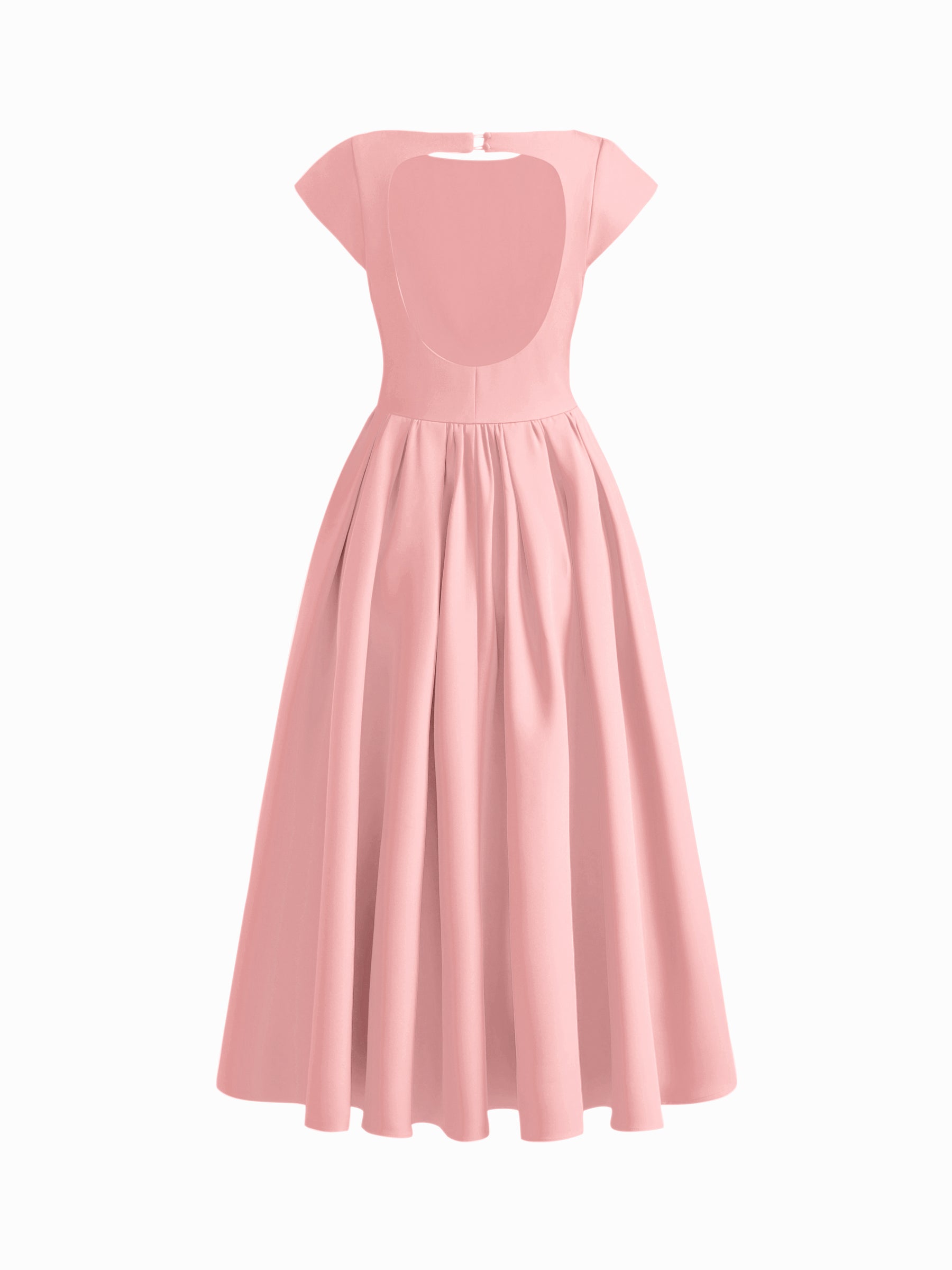 Vestido largo con cuello barco, espalda descubierta, aberturas y volante