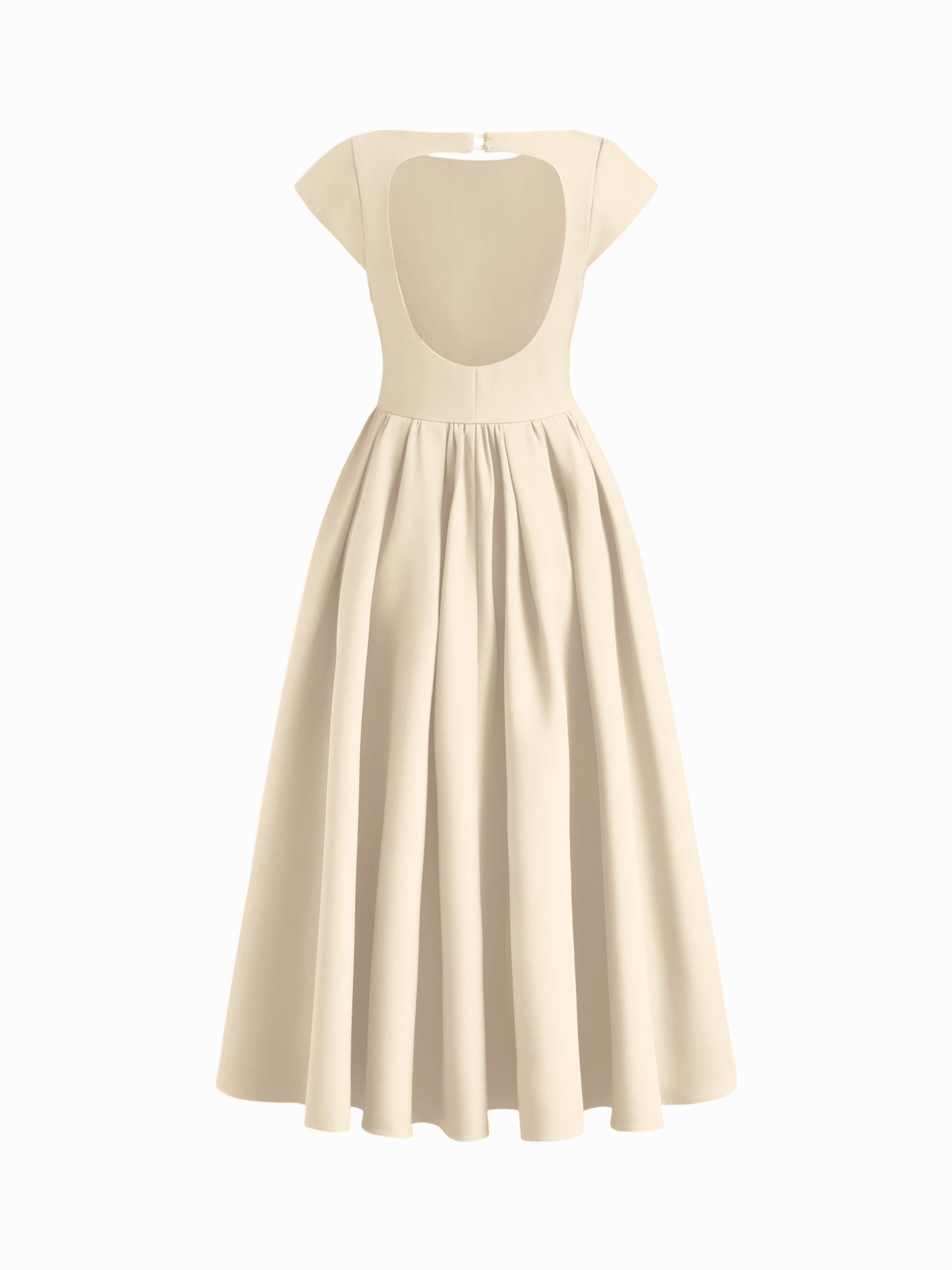 Vestido largo con cuello barco, espalda descubierta, aberturas y volante