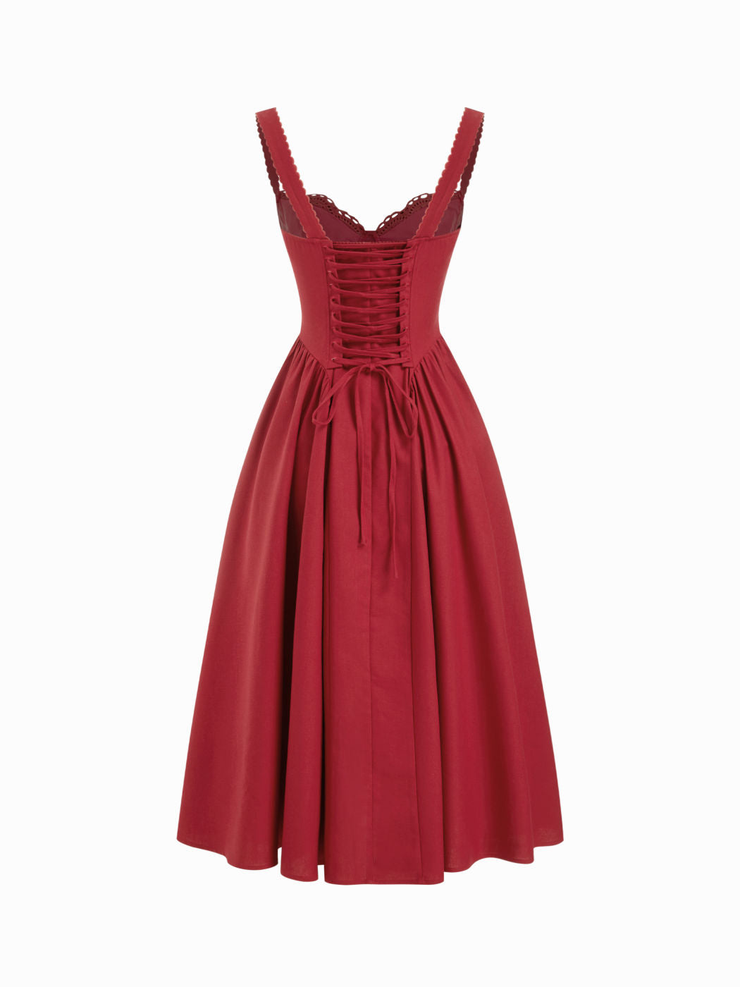 Vestido largo evasé con cuello en U, volantes y lazada - Rojo