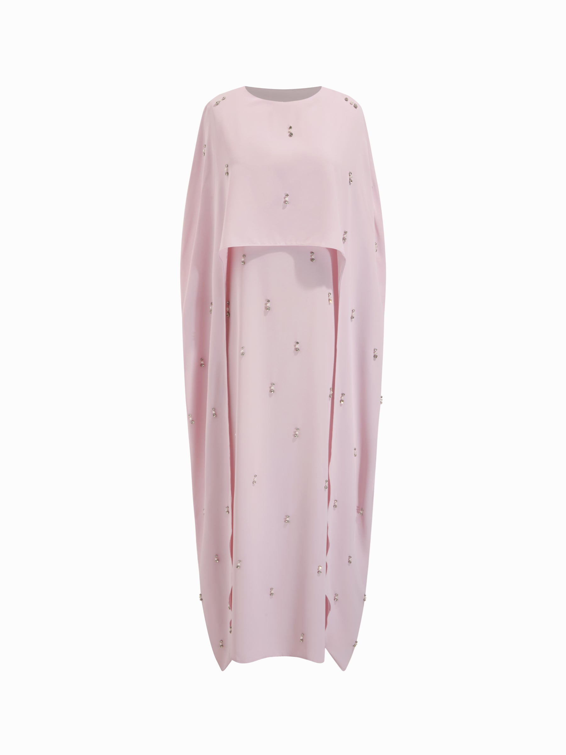 Vestido largo efecto capas con cuello redondo y pedrería