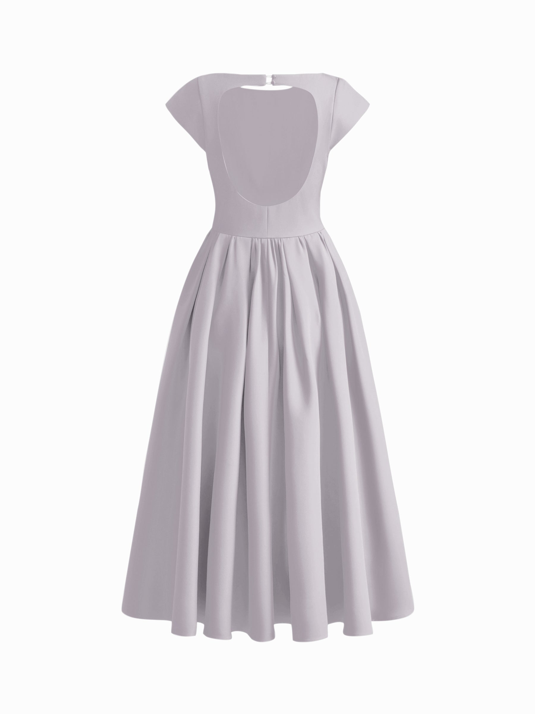 Vestido largo con cuello barco, espalda descubierta, aberturas y volante