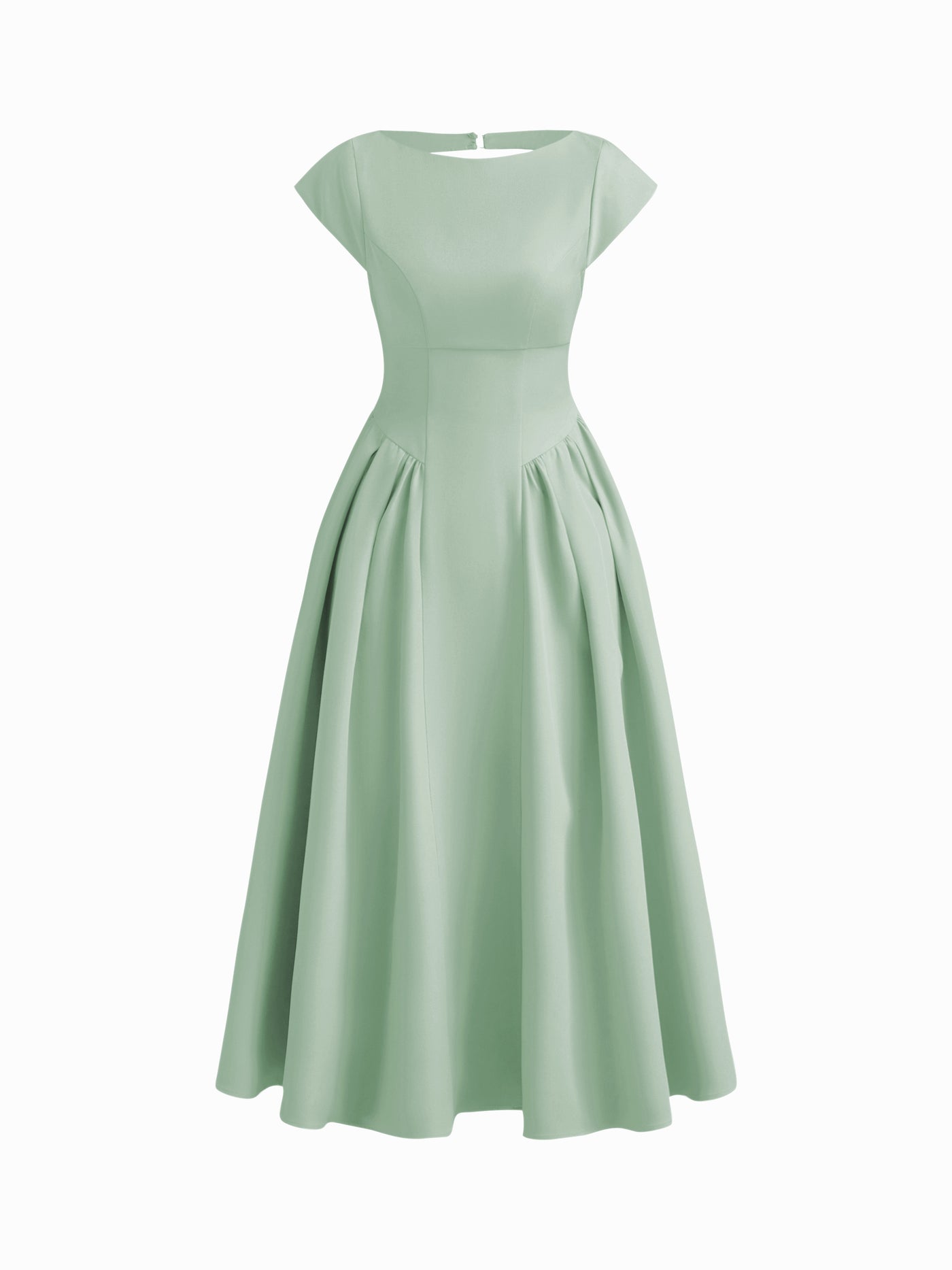 Vestido largo con cuello barco, espalda descubierta, aberturas y volante