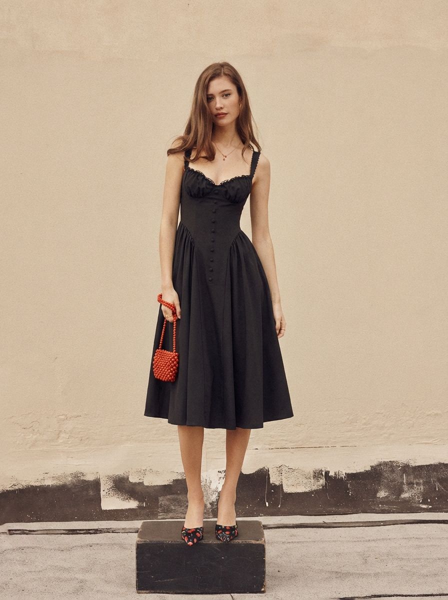 Vestido largo evasé con cuello en U, volantes y lazada - Negro