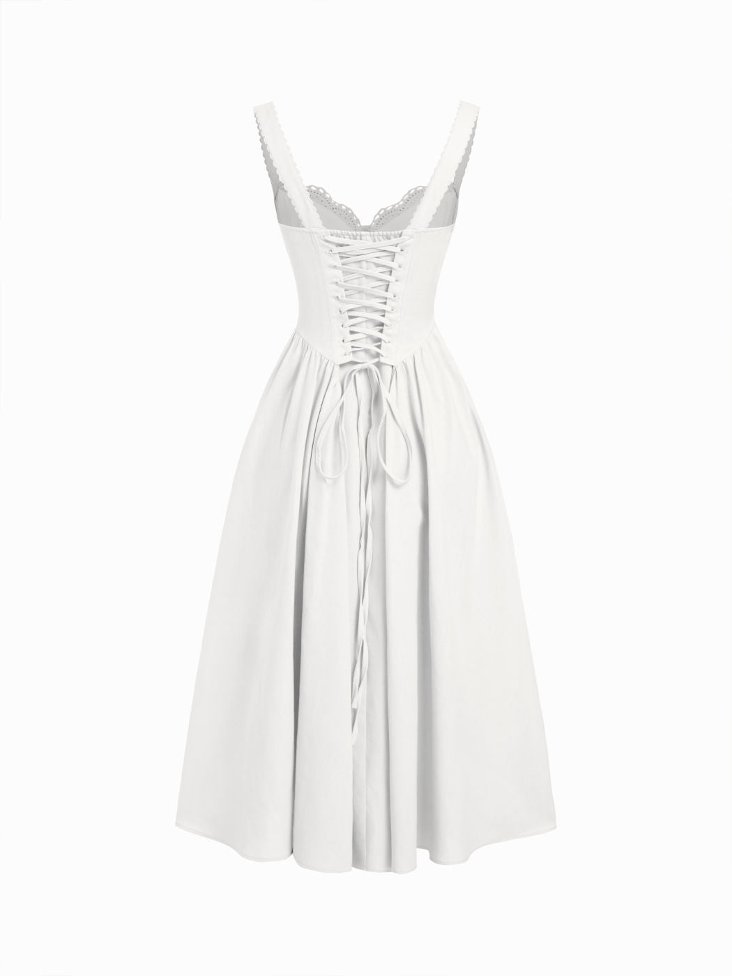 Vestido largo evasé con cuello en U, volantes y lazada - Blanco