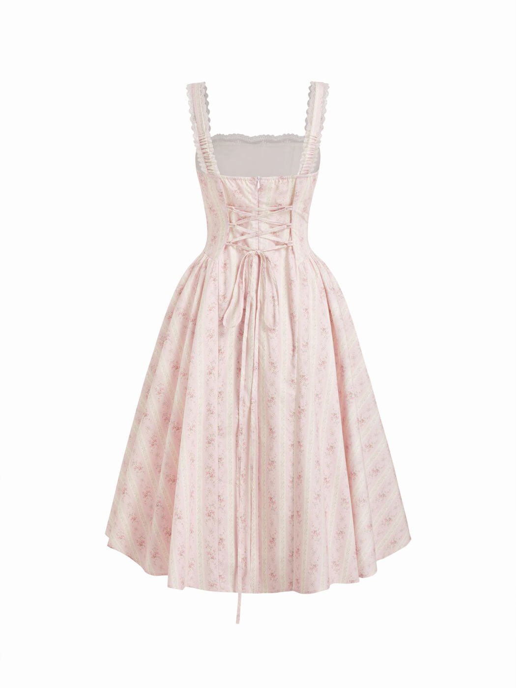 Vestido largo floral de algodón con escote corazón, lazada y volantes - Rosa