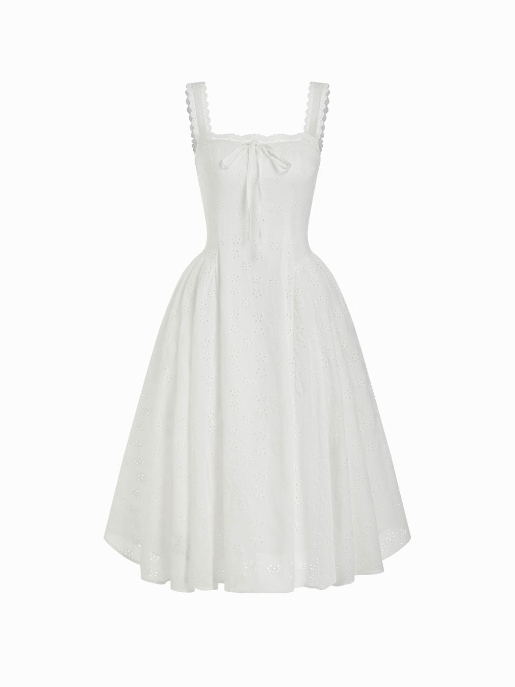 Vestido largo floral de algodón con escote corazón, lazada y volantes - Blanco