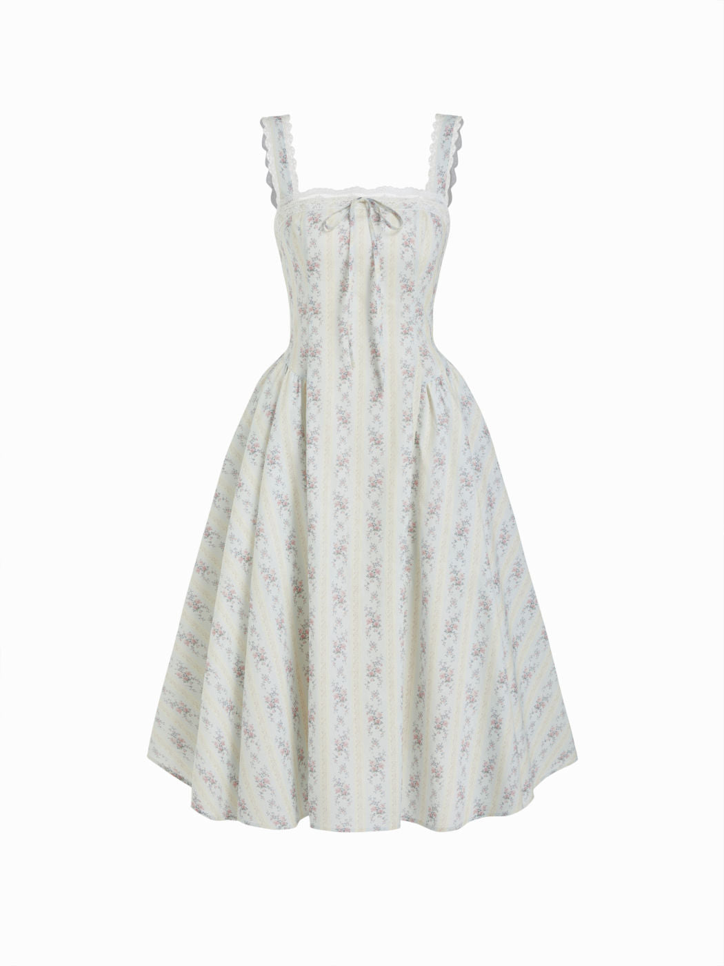Vestido largo floral de algodón con escote corazón, lazada y volantes - Azul bebé