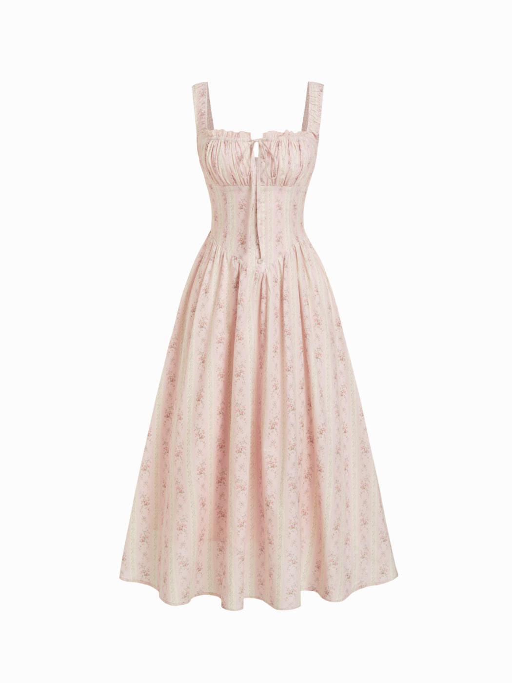 Vestido midi floral de mezcla de algodón con cuello cuadrado, lazada y fruncido - Rosa claro