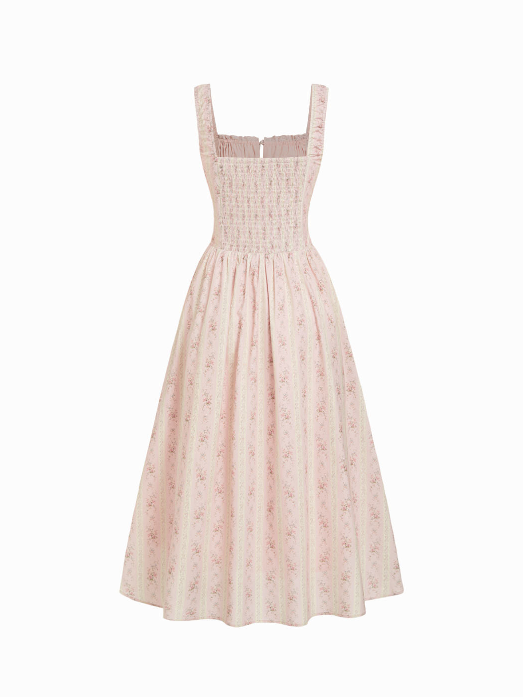 Vestido midi floral de mezcla de algodón con cuello cuadrado, lazada y fruncido - Rosa claro