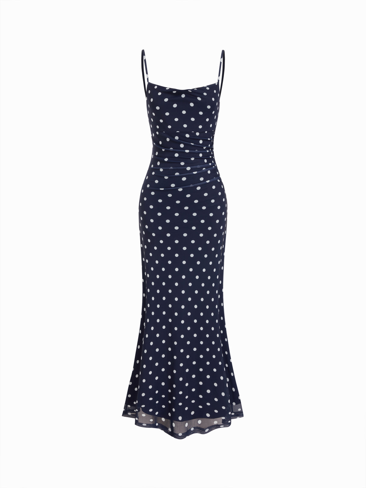 Vestido largo sirena de malla con lunares, panel de encaje y talle alto