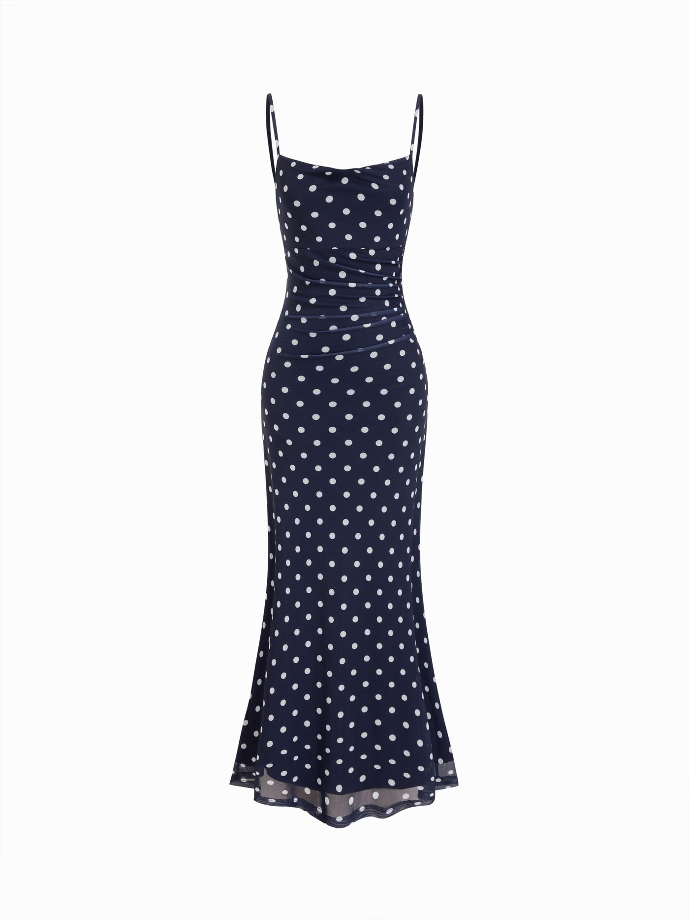 Vestido largo sirena de malla con lunares, panel de encaje y talle alto