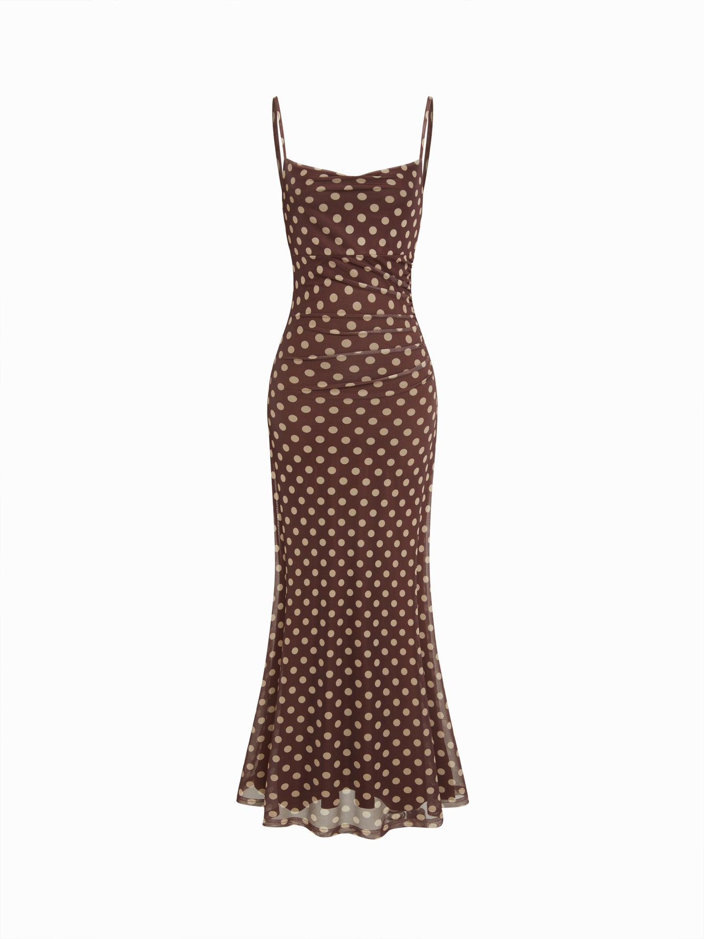 Vestido largo sirena de malla con lunares, panel de encaje y talle alto