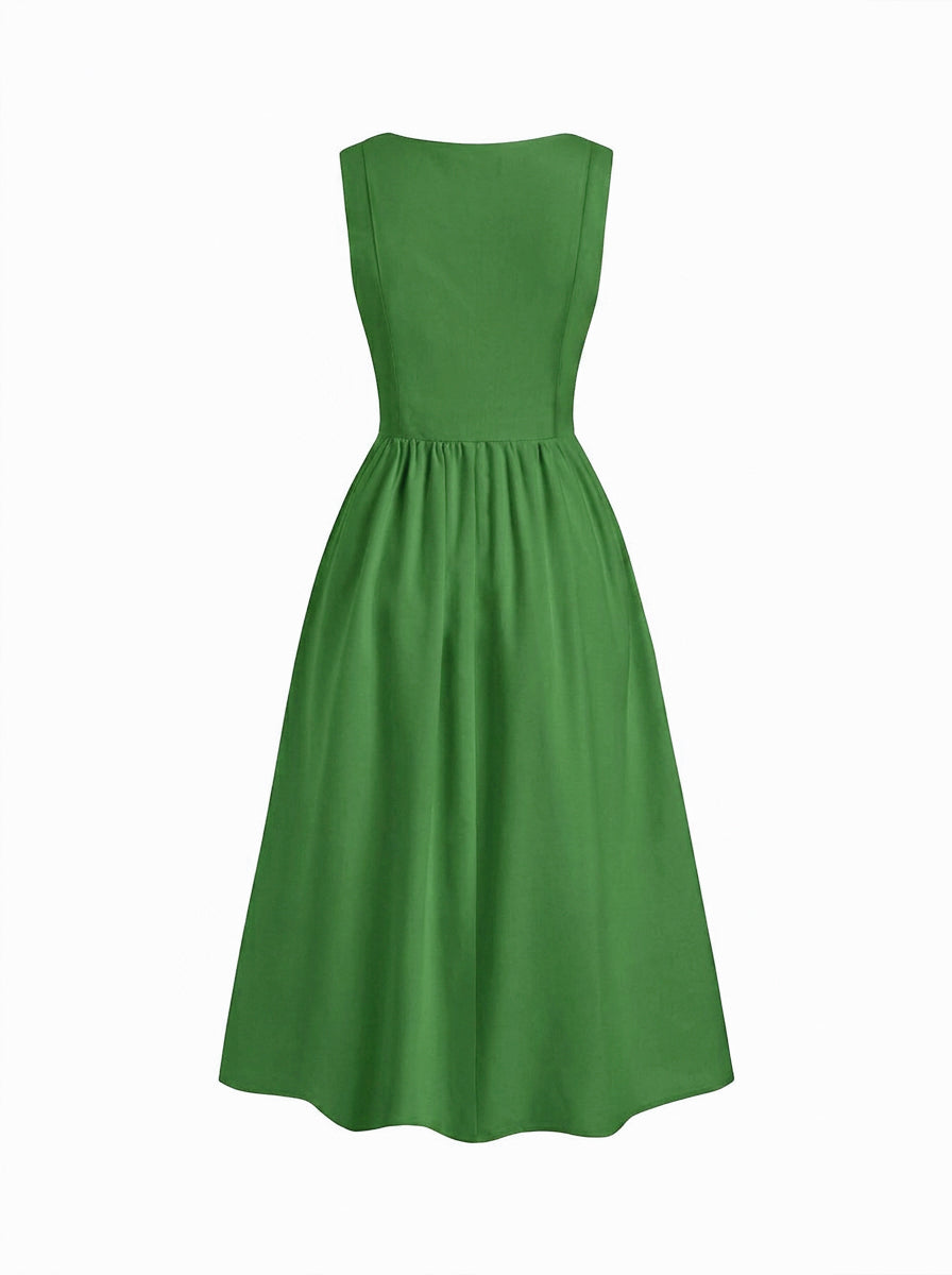 Vestido midi de mezcla de lino con cuello cuadrado y volante