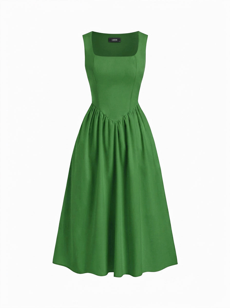 Vestido midi de mezcla de lino con cuello cuadrado y volante
