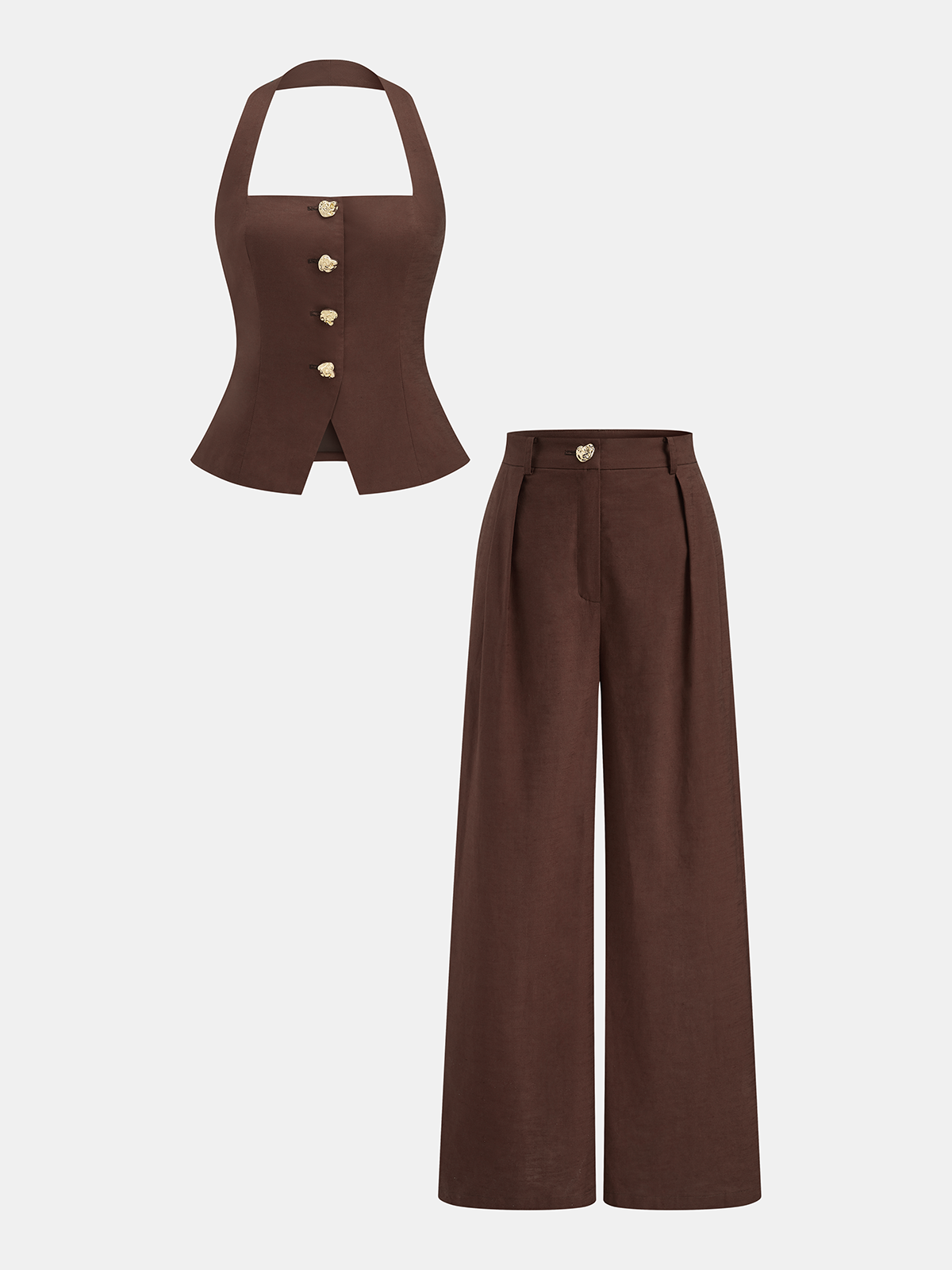 Conjunto de top halter abotonado y pantalón de algodón y lino
