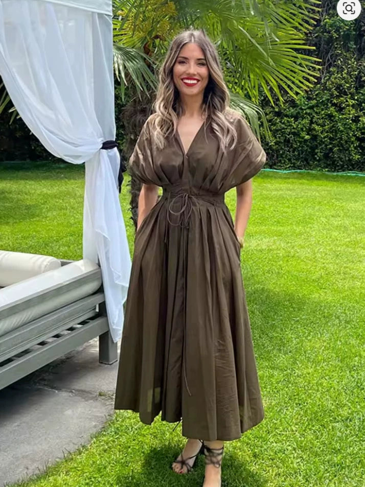 Vestido casual liso con escote en V y cintura ajustada - Marrón - imagen 3