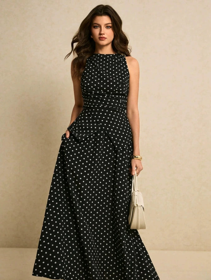 Conjunto francés de top halter de lunares y falda larga de talle alto - Negro - imagen 4