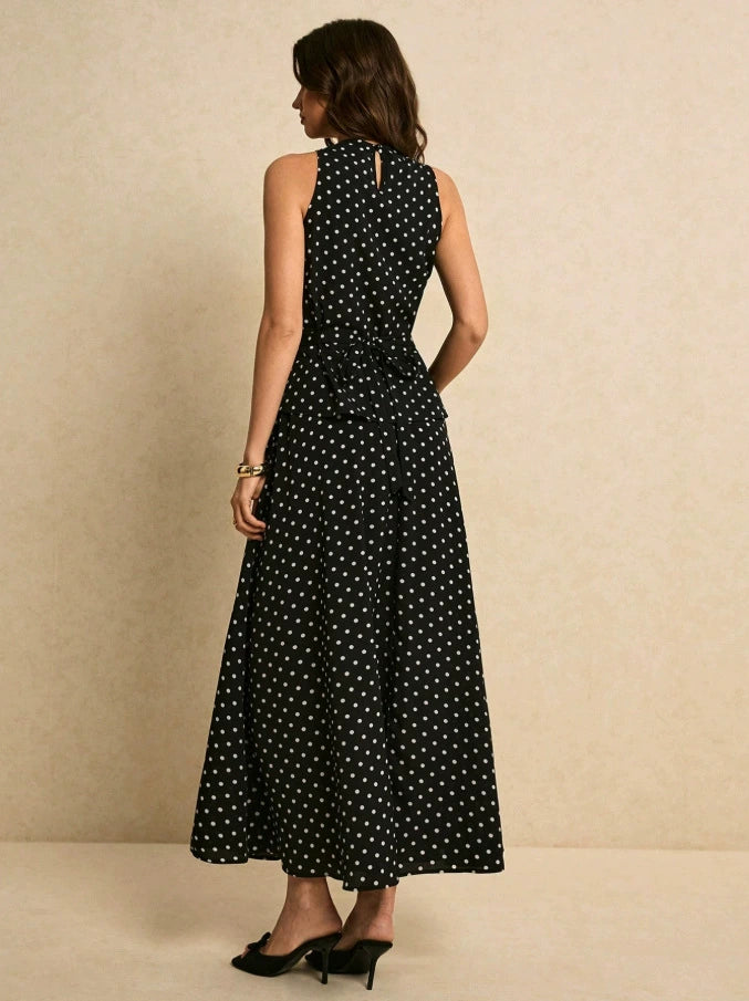 Conjunto francés de top halter de lunares y falda larga de talle alto - Negro - imagen 2