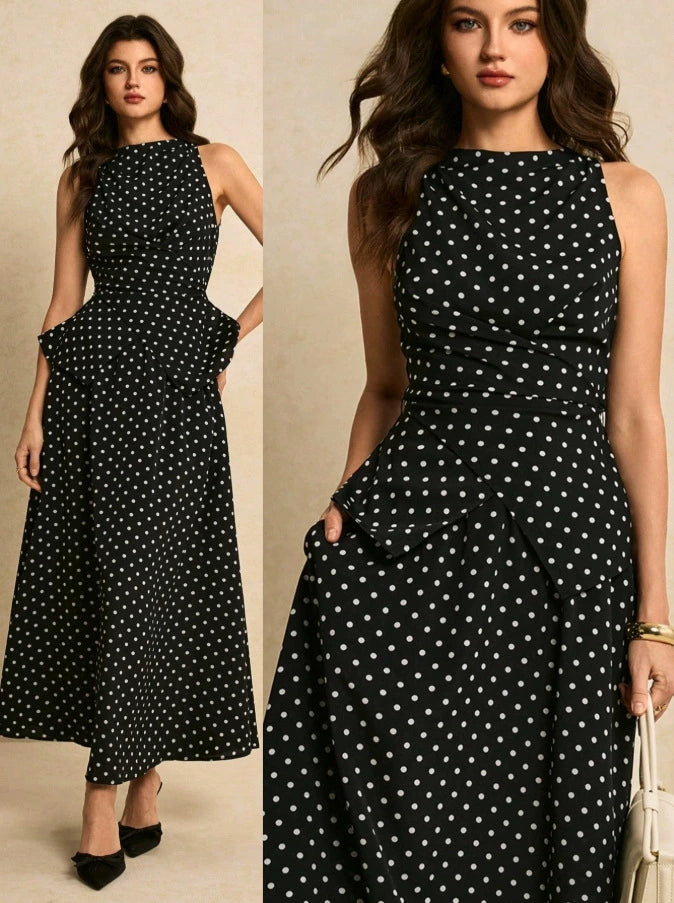 Conjunto francés de top halter de lunares y falda larga de talle alto - Negro