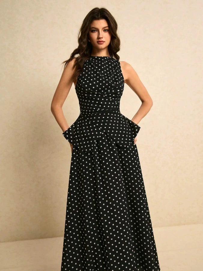 Conjunto francés de top halter de lunares y falda larga de talle alto - Negro - imagen 3