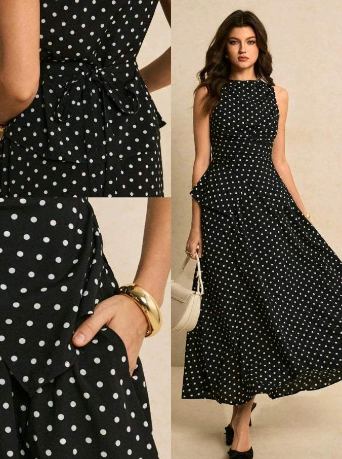 Conjunto francés de top halter de lunares y falda larga de talle alto - Negro - imagen 5