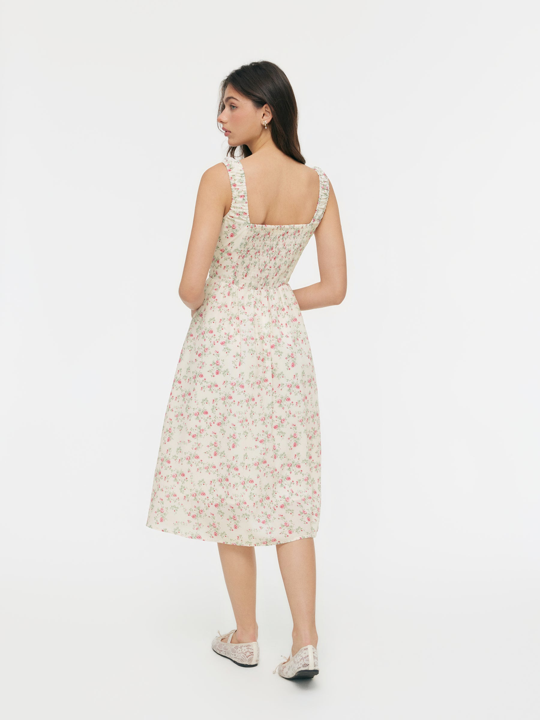 Vestido midi floral de mezcla de algodón con cuello cuadrado, lazada y fruncido - Crema
